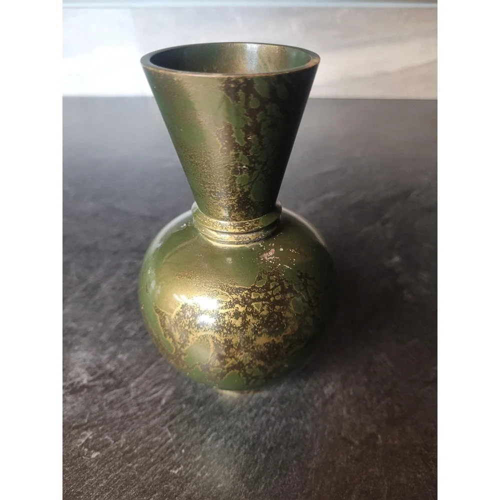 Vintage Miniature‎ Brass Bud Vase Green Gold Enamel Verdigris Trumpet Neck 4.5
